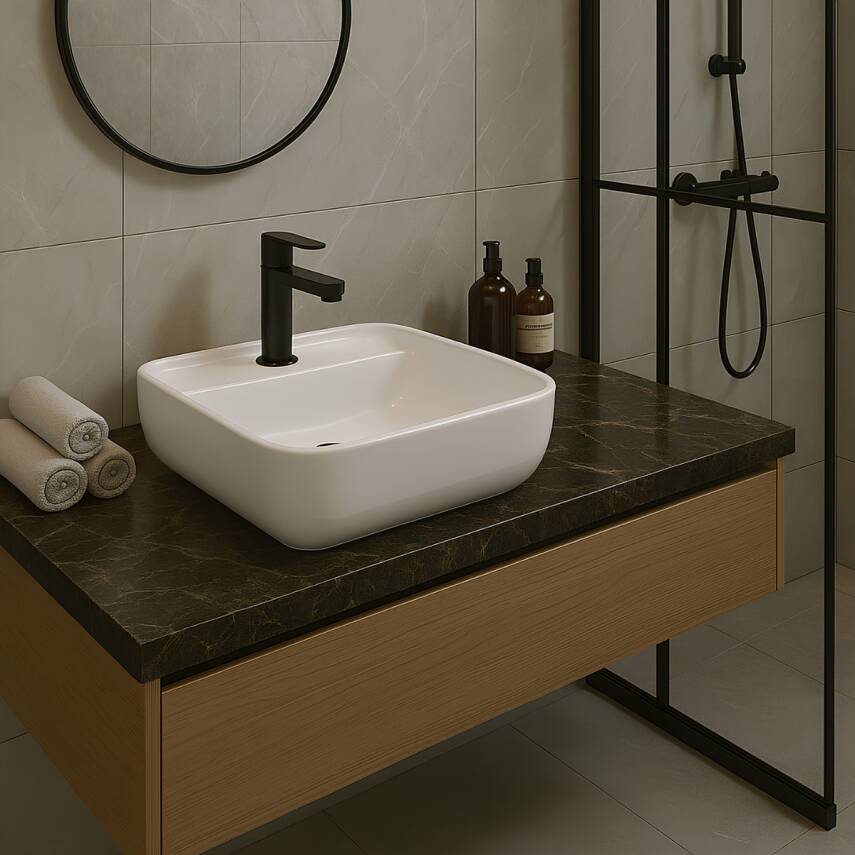 Turavit Portomix Kare Tezgâh Üstü Batarya Delikli Beyaz Lavabo 40x40 Cm PRT0711 - 2