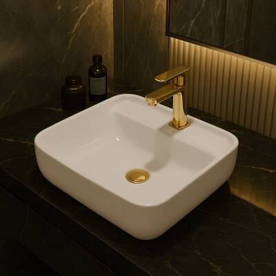 Turavit Portomix Kare Tezgâh Üstü Batarya Delikli Beyaz Lavabo 40x40 Cm PRT0711 - 3