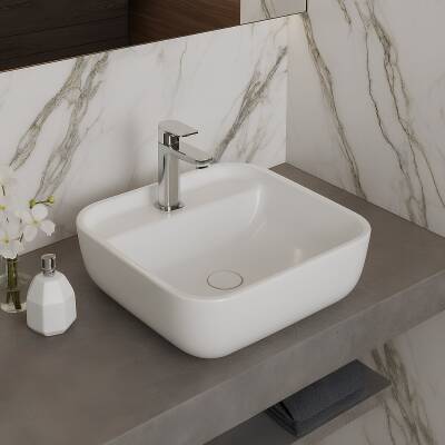 Turavit Portomix Kare Tezgâh Üstü Batarya Delikli Beyaz Lavabo 40x40 Cm PRT0711 - 4