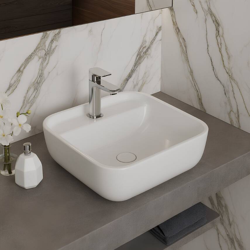 Turavit Portomix Kare Tezgâh Üstü Batarya Delikli Beyaz Lavabo 40x40 Cm PRT0711 - 4