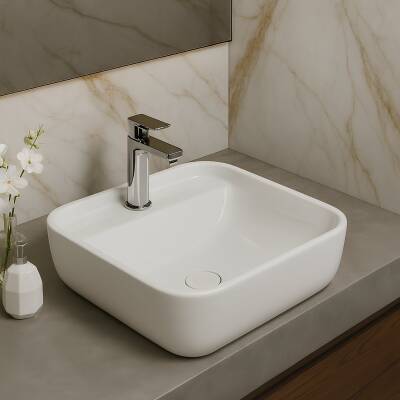 Turavit Portomix Kare Tezgâh Üstü Batarya Delikli Beyaz Lavabo 40x40 Cm PRT0711 - 7