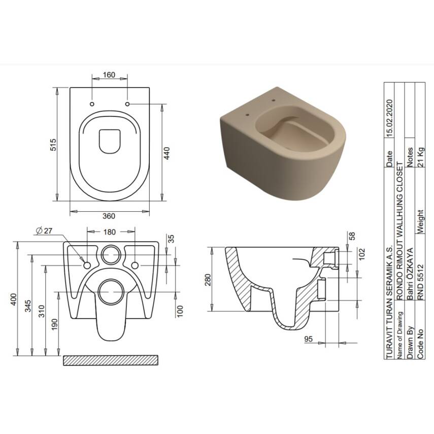 Turavit Rondo Kanalsız Mat Cappucino Asma Klozet RND5512C, Turavit Rondo Duroplast Yavaş Kapak - 4