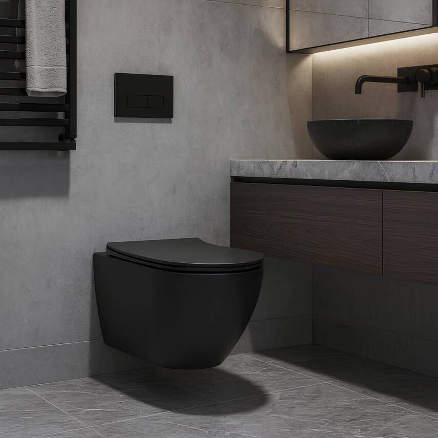 Turavit Rondo Kanalsız Mat Siyah Asma Klozet RND5512B, Turavit Rondo Duroplast Yavaş Kapak - 1