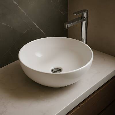 Turavit Toledo Oval Tezgâh Üstü Batarya Deliksiz Beyaz Lavabo 40x40 Cm TLD0709