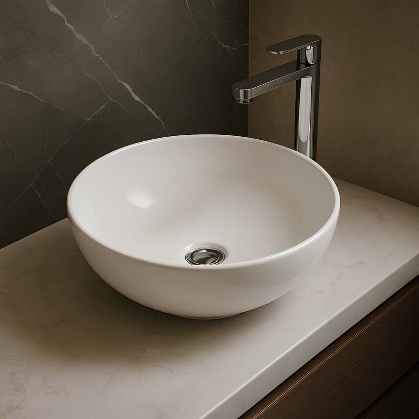Turavit Toledo Oval Tezgâh Üstü Batarya Deliksiz Beyaz Lavabo 40x40 Cm TLD0709 - 1