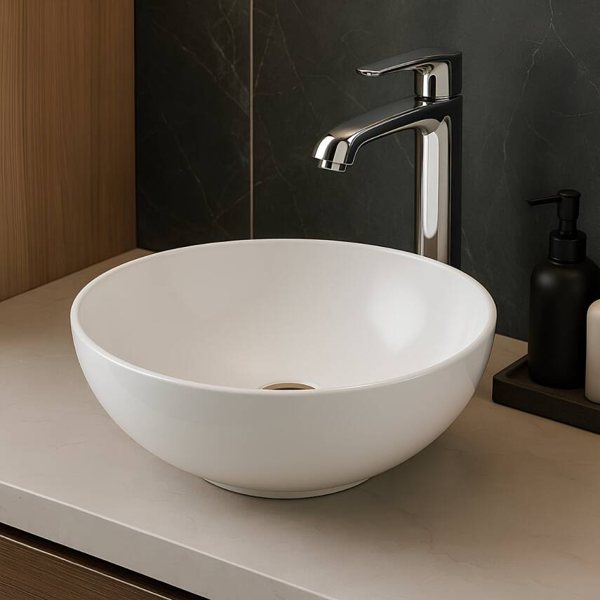 Turavit Toledo Oval Tezgâh Üstü Batarya Deliksiz Beyaz Lavabo 40x40 Cm TLD0709 - 3