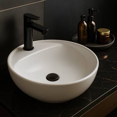 Turavit Toledomix Tezgâh Üstü Oval Batarya Delikli Beyaz Lavabo 40x40 Cm TLD0712