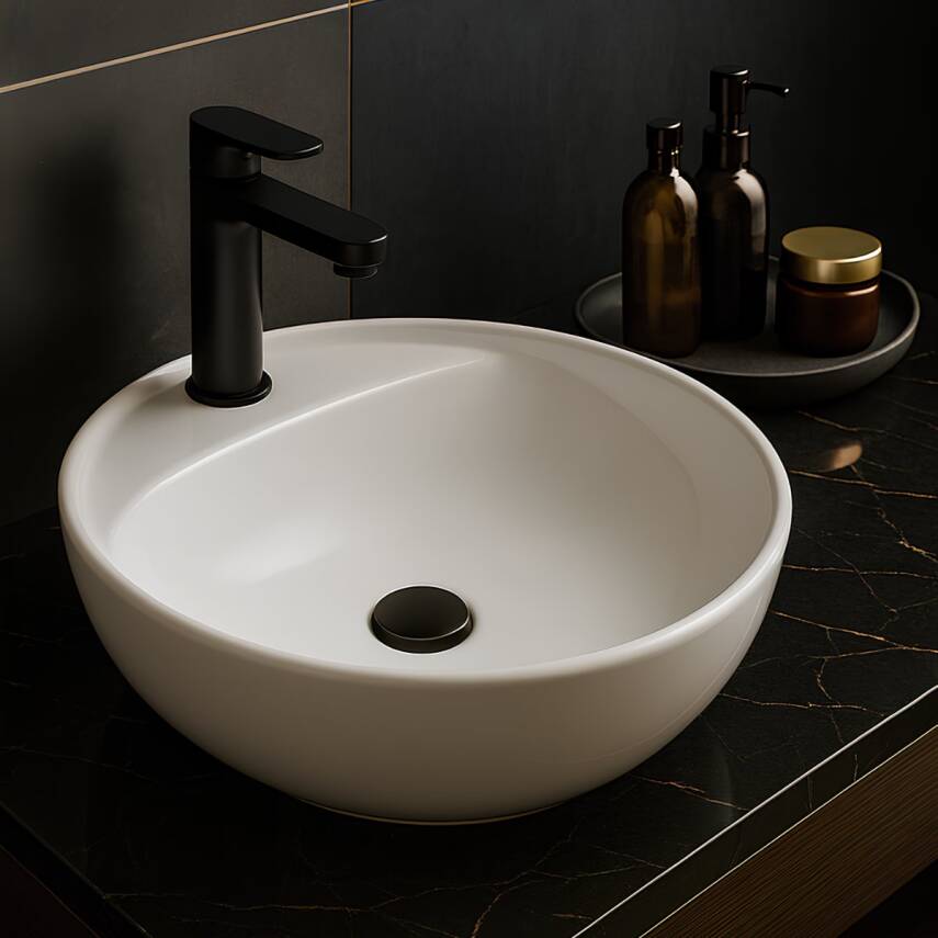 Turavit Toledomix Tezgâh Üstü Oval Batarya Delikli Beyaz Lavabo 40x40 Cm TLD0712 - 1