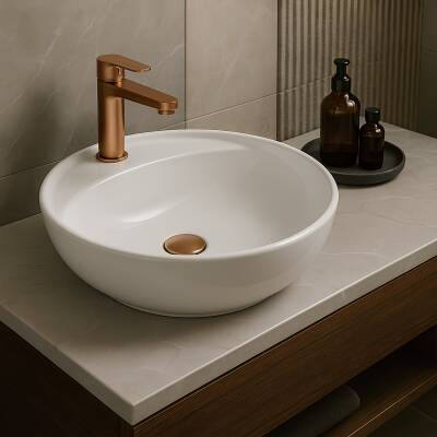 Turavit Toledomix Tezgâh Üstü Oval Batarya Delikli Beyaz Lavabo 40x40 Cm TLD0712 - 2