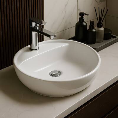 Turavit Toledomix Tezgâh Üstü Oval Batarya Delikli Beyaz Lavabo 40x40 Cm TLD0712 - 3