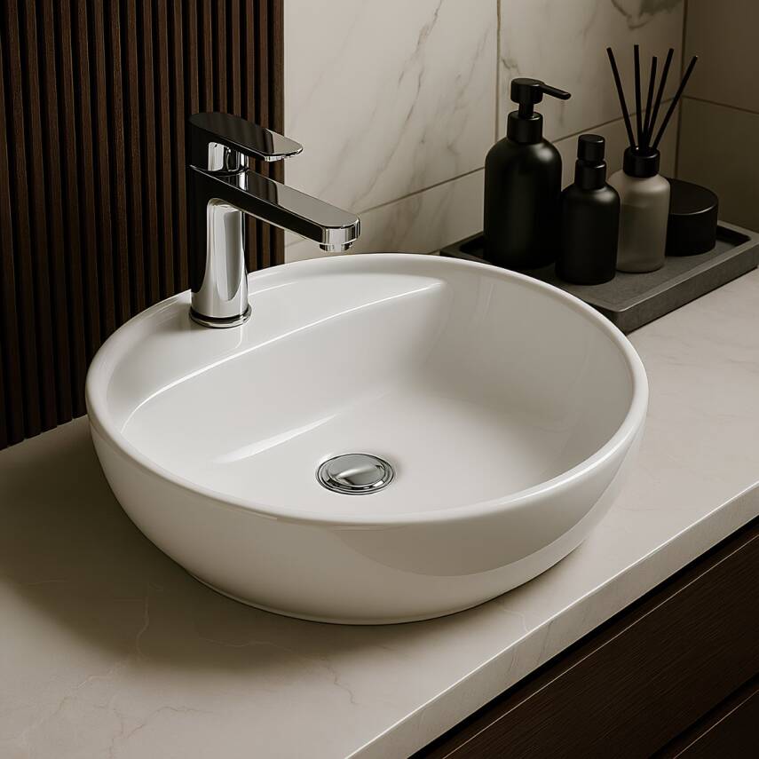 Turavit Toledomix Tezgâh Üstü Oval Batarya Delikli Beyaz Lavabo 40x40 Cm TLD0712 - 3