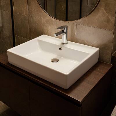 Turavit Vega Dikdörtgen Tezgâh Üstü Beyaz Batarya Delikli Lavabo 50x42 Cm VG0050 - 2