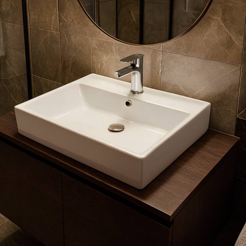 Turavit Vega Dikdörtgen Tezgâh Üstü Beyaz Batarya Delikli Lavabo 50x42 Cm VG0050 - 2