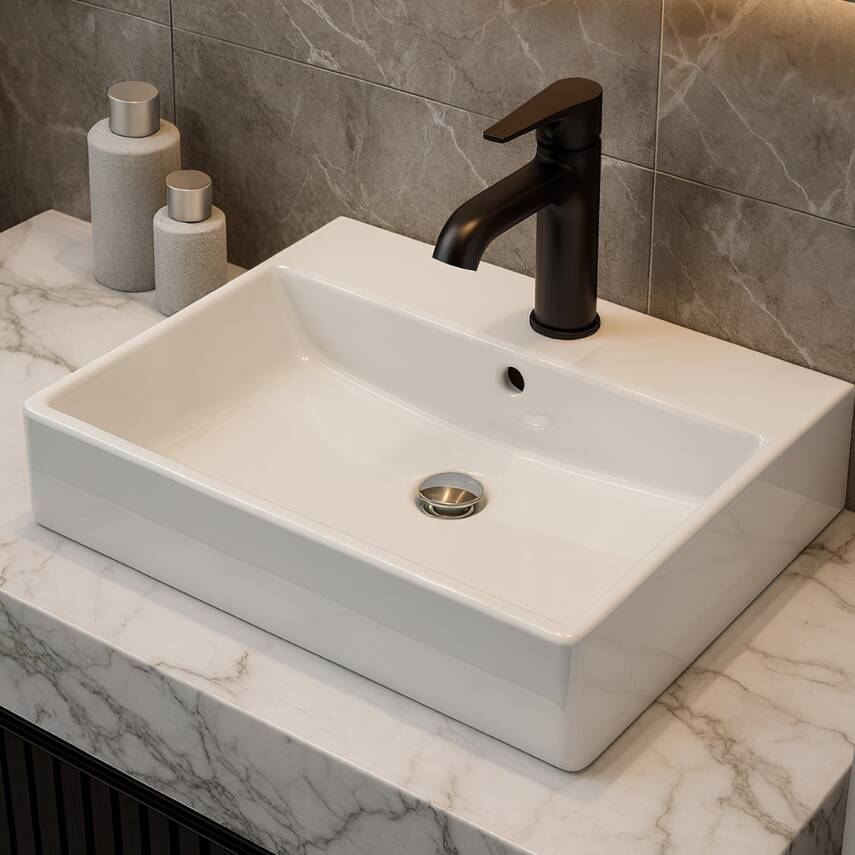 Turavit Vega Dikdörtgen Tezgâh Üstü Beyaz Batarya Delikli Lavabo 60x45 Cm VG0060 - 4
