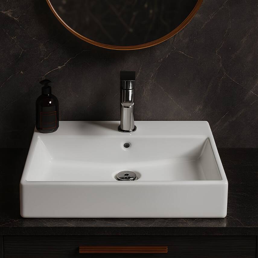Turavit Vega Dikdörtgen Tezgâh Üstü Beyaz Batarya Delikli Lavabo 60x45 Cm VG0060 - 5