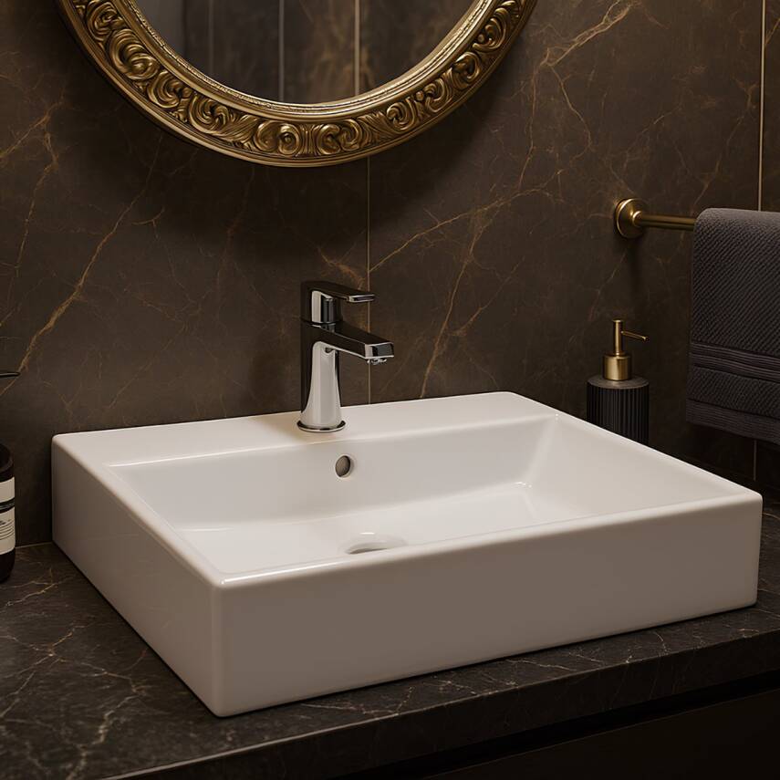 Turavit Vega Dikdörtgen Tezgâh Üstü Beyaz Batarya Delikli Lavabo 80x45 Cm VG0080 - 1