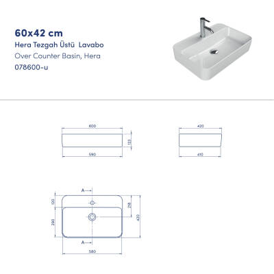 Turkuaz Cerastyle Hera Tezgâh Üstü Çanak Beyaz Lavabo 60x42 Cm 078600-u - 4