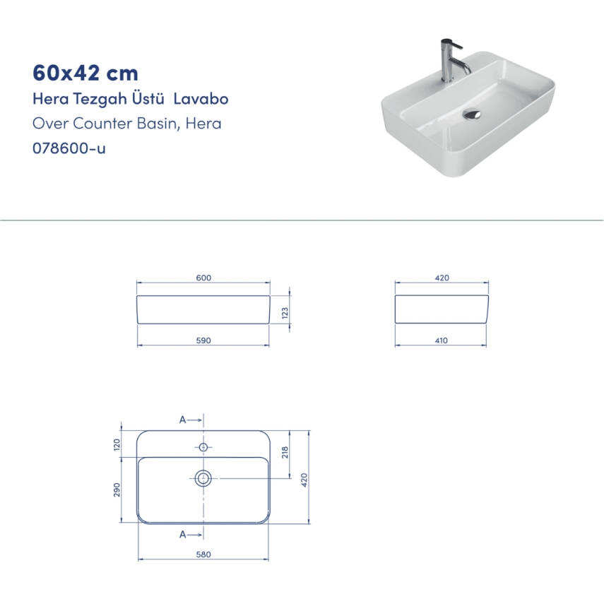 Turkuaz Cerastyle Hera Tezgâh Üstü Çanak Beyaz Lavabo 60x42 Cm 078600-u - 4
