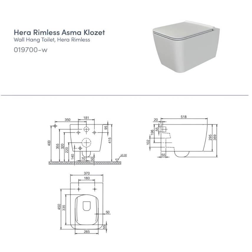 Turkuaz Hera Kanalsız Beyaz Asma Klozet SET017001, Turkuaz Hera İbiza Duroplast Yavaş Kapak - 5