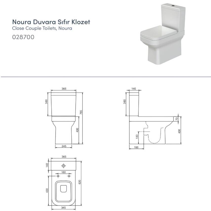 Turkuaz Noura Kanallı Beyaz Duvara Sıfır Klozet Takımı SET004009, Turkuaz Noura Yavaş Kapak - 5
