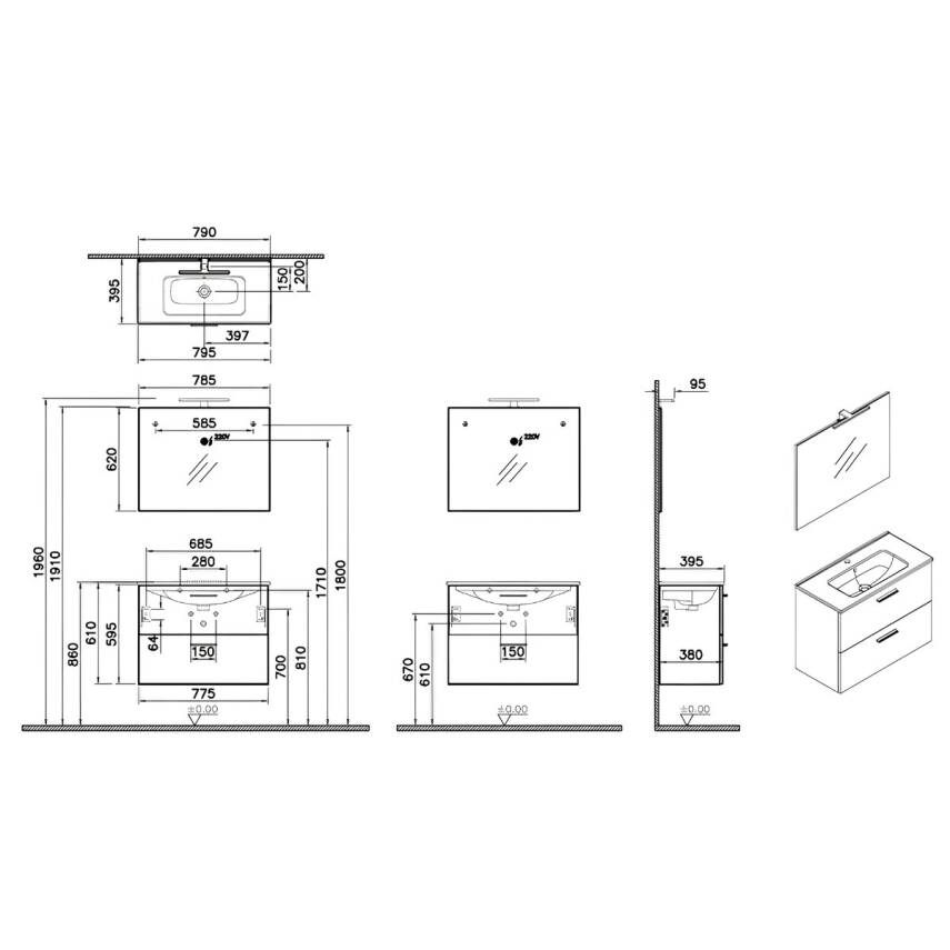 VitrA Mia 75024 Banyo Dolabı Seti Çekmeceli 80 cm Parlak Beyaz - 5