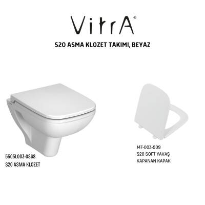 Vitra S20 Kanallı Beyaz Asma Klozet 5505L003-0868, Vitra Yavaş Kapak 147-003-909 - 4