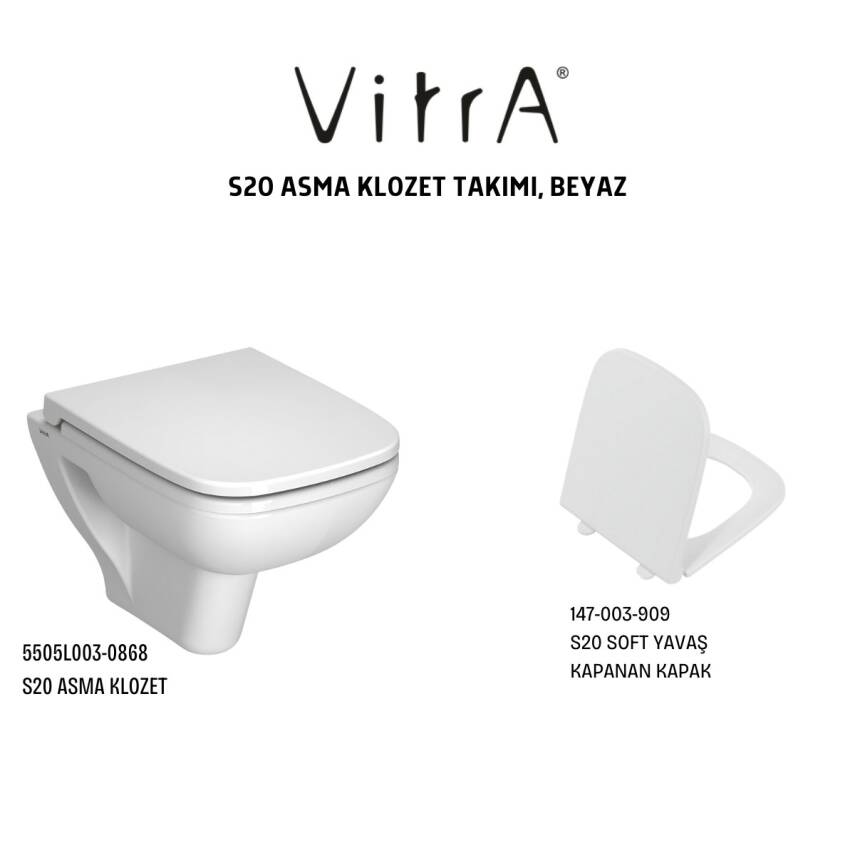 Vitra S20 Kanallı Beyaz Asma Klozet 5505L003-0868, Vitra Yavaş Kapak 147-003-909 - 4