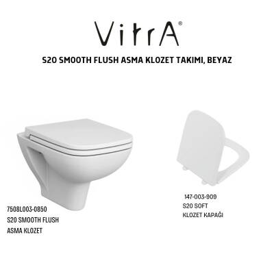 Vitra S20 SmootFlush Klozet Beyaz Asma Klozet 7508L003-0850, Vitra Yavaş Kapak 147-003-909 - 4