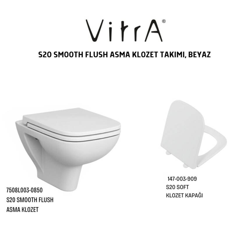 Vitra S20 SmootFlush Klozet Beyaz Asma Klozet 7508L003-0850, Vitra Yavaş Kapak 147-003-909 - 4