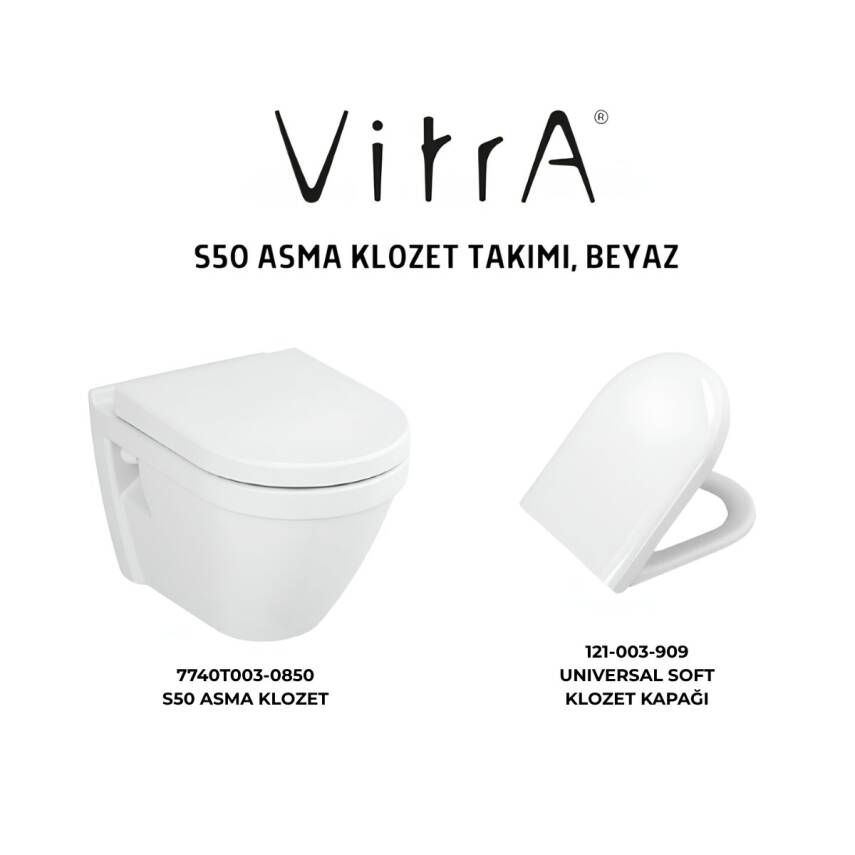 Vitra S50 Kanalsız Beyaz Asma Klozet 7740T003-0850, Vitra Yavaş Kapak 121-003-909 - 4
