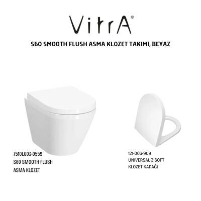 Vitra S60 SmootFlush Beyaz SmootFlush Asma Klozet 7510L003-0090, Vitra Yavaş Kapak 121-003-909