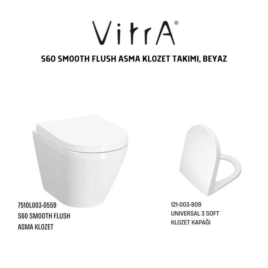 Vitra S60 SmootFlush Beyaz SmootFlush Asma Klozet 7510L003-0090, Vitra Yavaş Kapak 121-003-909 - 1