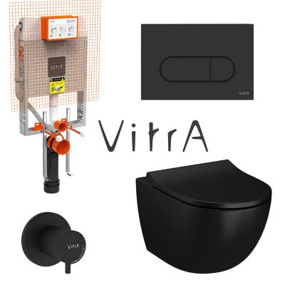 Vitra S60 SmootFlush Mat Siyah Asma Klozet 7510B083-0090, Vitra Mat Siyah Gömme Rezervuar Set 768-1851