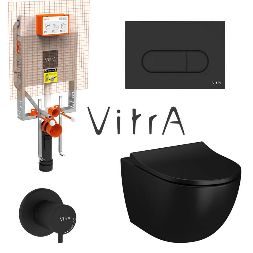 Vitra S60 SmootFlush Mat Siyah Asma Klozet 7510B083-0090, Vitra Mat Siyah Gömme Rezervuar Set 768-1851 - 1