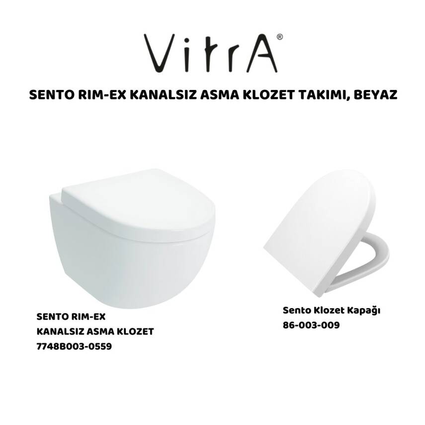 Vitra Sento Kanalsız Klozet Beyaz Asma Klozet 7748B003-0559, Vitra Yavaş Kapak 86-003-009 - 3